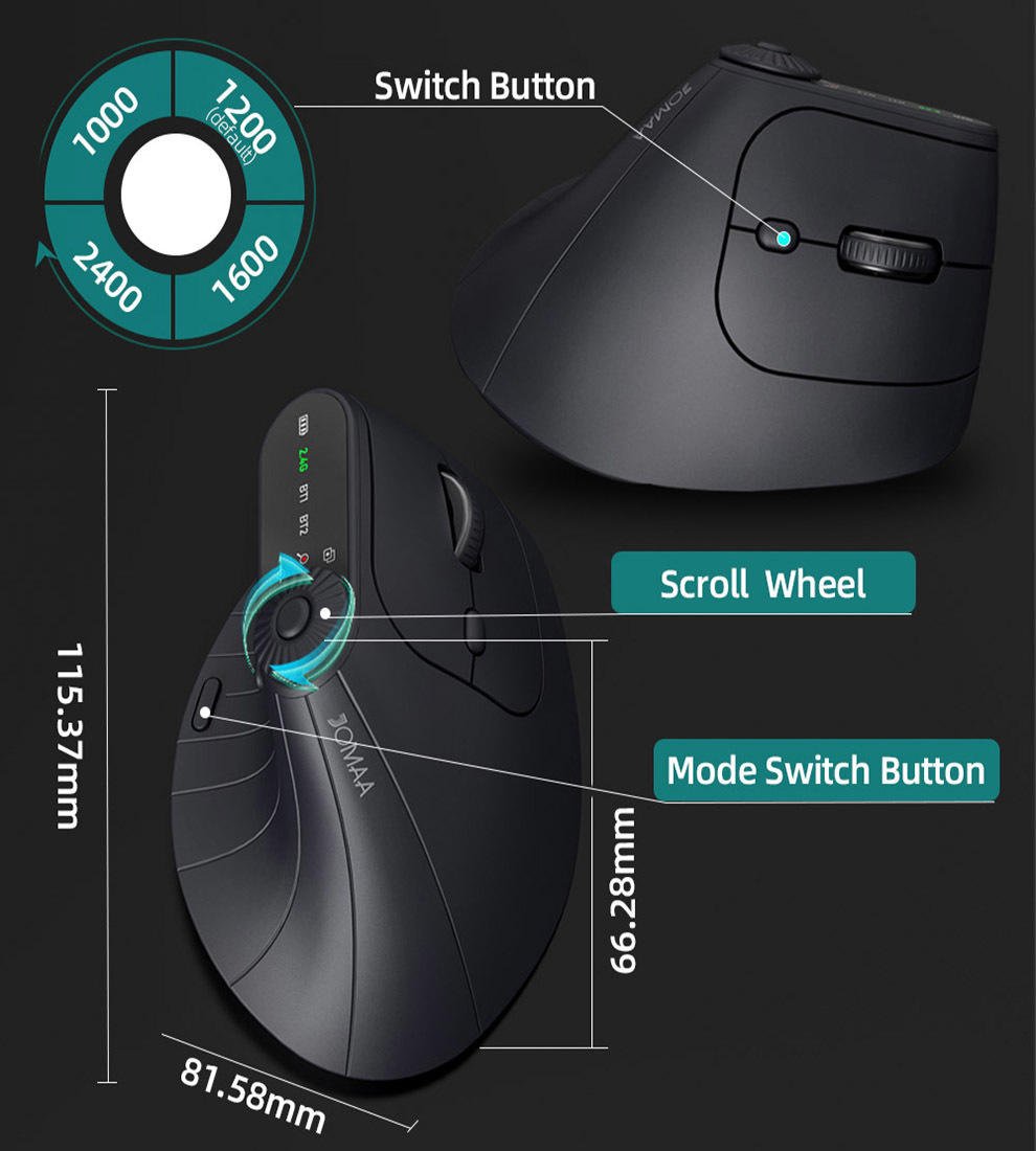 JOMAA Ergonomic 2.4G Wireless & Bluetooth Dual Mode Mouse – Silent Vertical Gaming Mouse for Right-Handed Users - Image 4