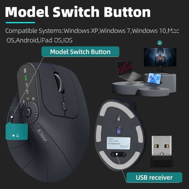 JOMAA Ergonomic 2.4G Wireless & Bluetooth Dual Mode Mouse – Silent Vertical Gaming Mouse for Right-Handed Users - Image 3