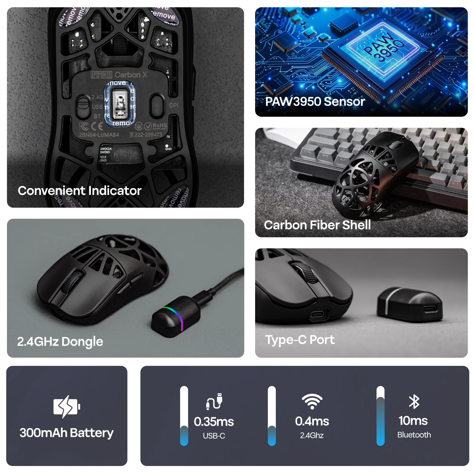EPOMAKER Carbon X Wired/2.4G/BT Wireless Gaming Mouse 400 to 30,000 DPI Adjustable with PAW3950 Sensor for PC/Mac/Linux - Image 4