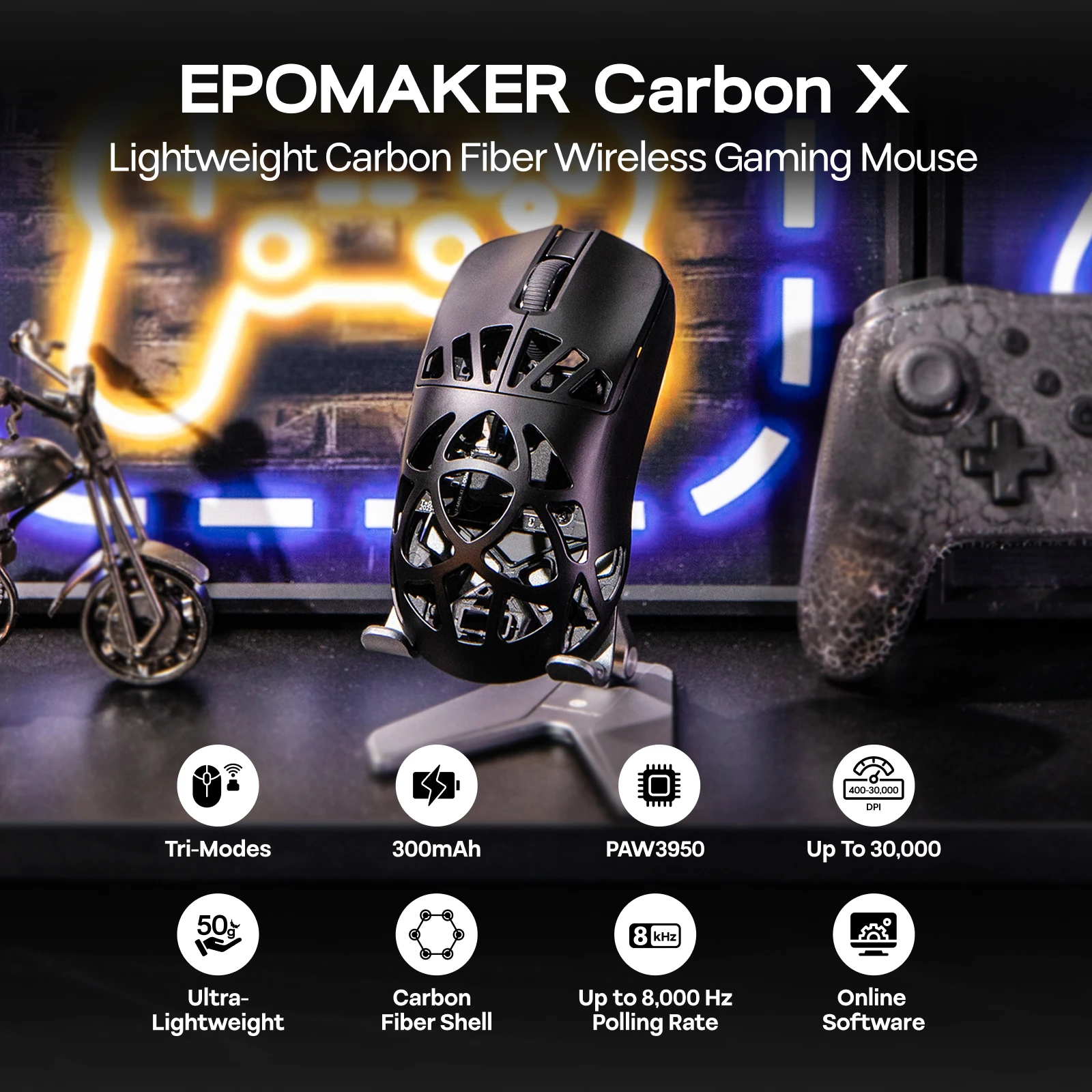 EPOMAKER Carbon X Wired/2.4G/BT Wireless Gaming Mouse 400 to 30,000 DPI Adjustable with PAW3950 Sensor for PC/Mac/Linux - Image 3